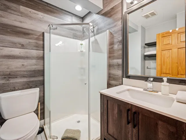 Bathroom with vanity, a shower stall, and toilet