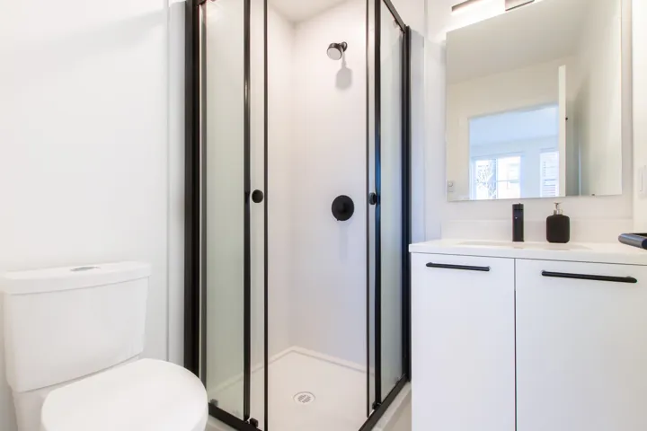 Bathroom with toilet, a stall shower, and vanity