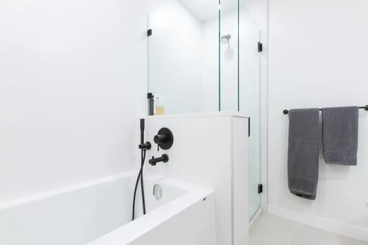 Full bath with a shower with door, a bath, and tile patterned floors