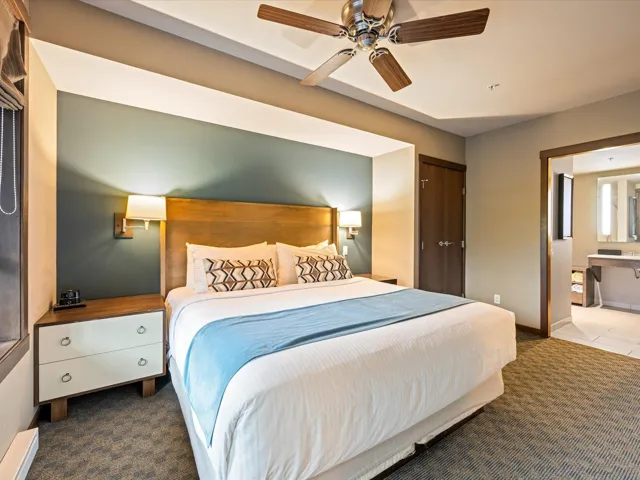 Carpeted bedroom with a ceiling fan, ensuite bathroom, a closet, and a baseboard heating unit