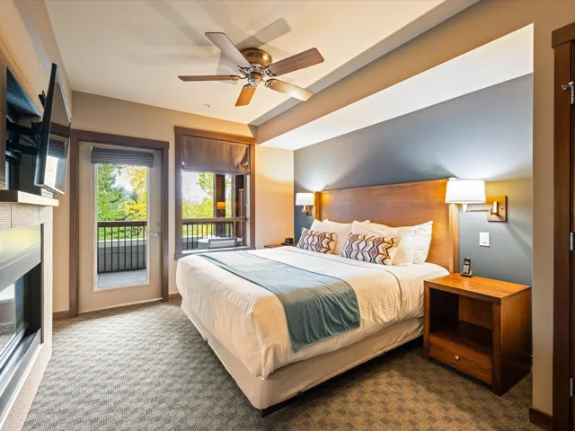 Carpeted bedroom with access to outside, ceiling fan, and a glass covered fireplace