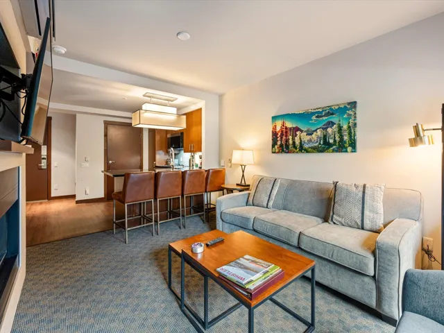 Living area featuring a fireplace and dark carpet