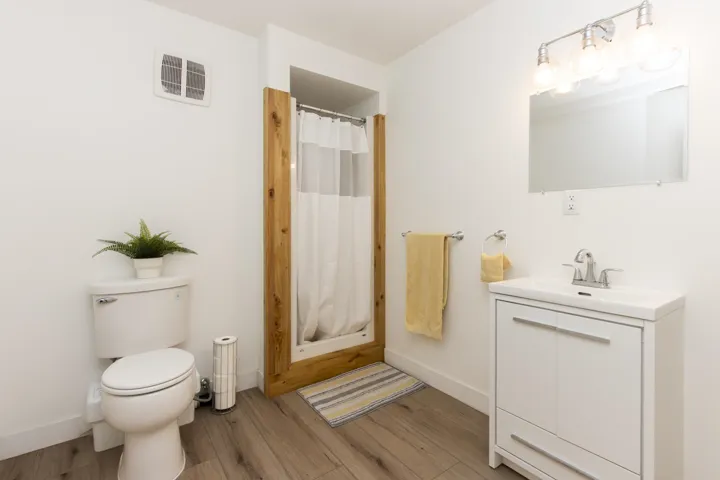 Bathroom with a stall shower, vanity, and light wood-type flooring