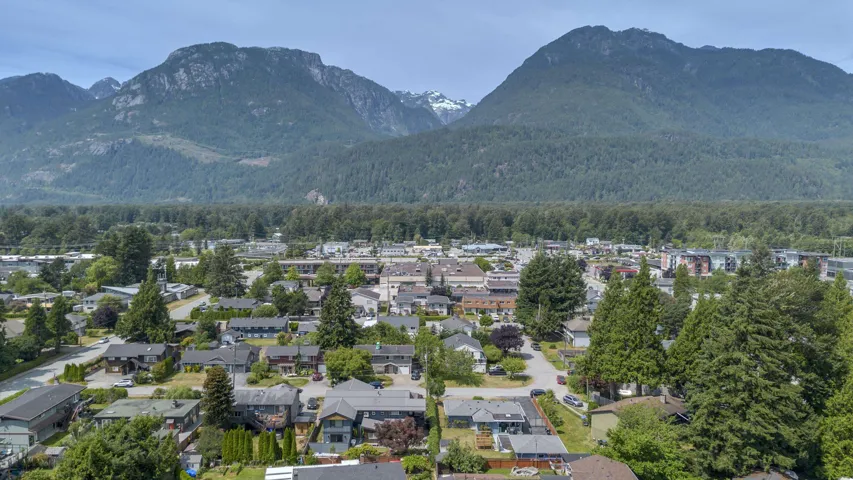 Aerial perspective showcasing a residential community with abundant mature trees and mountainous terrain