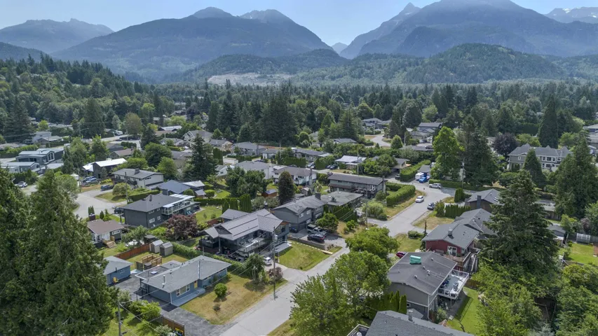 Residential neighborhood with mature trees and mountain scenery