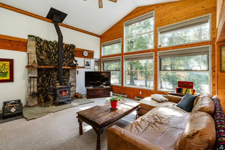 Vaulted ceiling living area featuring a stone fireplace with wood-burning stove, natural wood-paneled walls, large picture windows, and light-colored carpet flooring