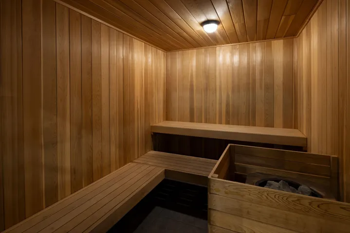 Sauna / steam room featuring wood ceiling and wooden walls