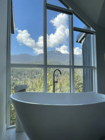 Bathroom view of a freestanding tub and a mountain backdrop