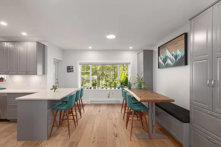 Kitchen featuring gray cabinets, a breakfast bar, light wood-style flooring, a peninsula, and light countertops