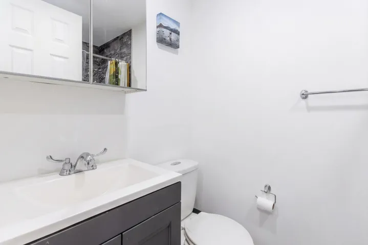 Bathroom with vanity and curtained shower