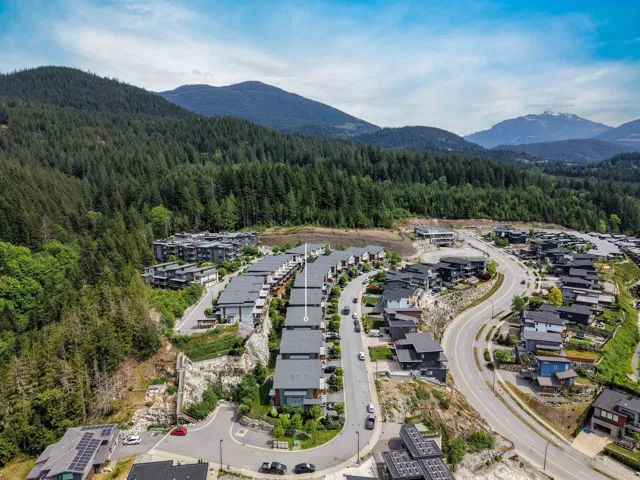 Aerial perspective of a residential community situated within a mountainous, heavily treed landscape