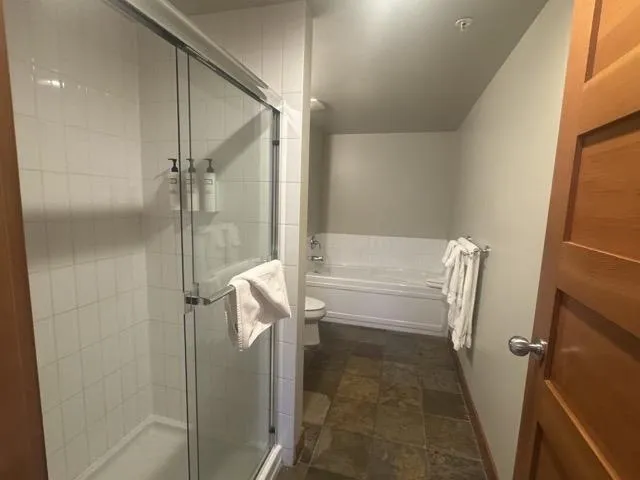 Full bathroom with a garden tub, a shower stall, radiator, and dark stone finish floors