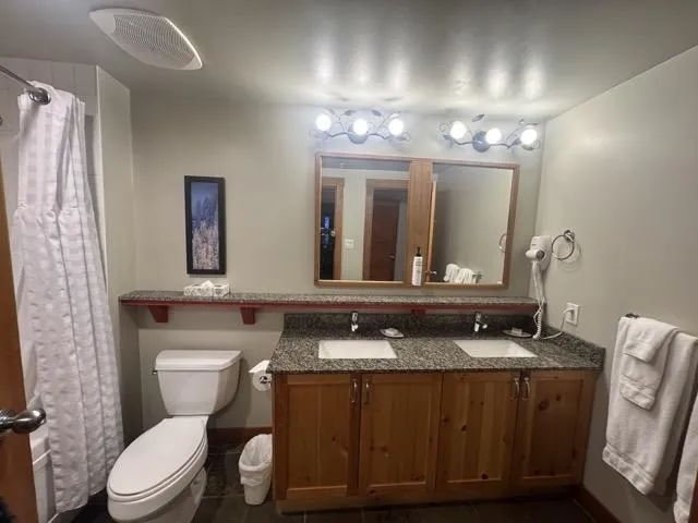 Full bathroom featuring double vanity and curtained shower