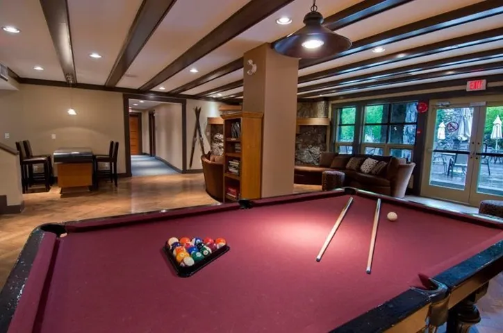 Playroom featuring beamed ceiling, billiards table, and recessed lighting