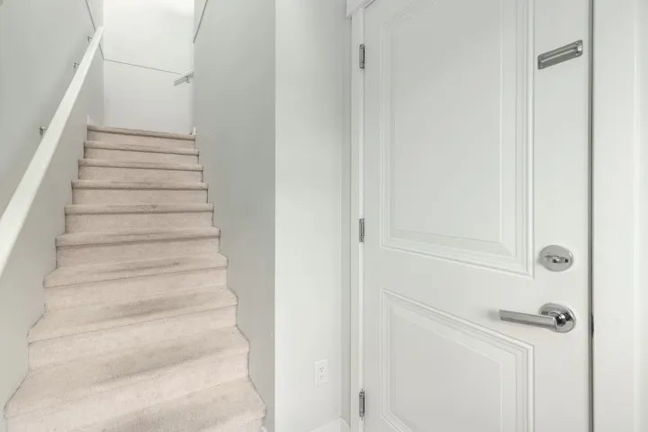 Carpeted staircase with white handrails and a paneled entry door featuring chrome hardware