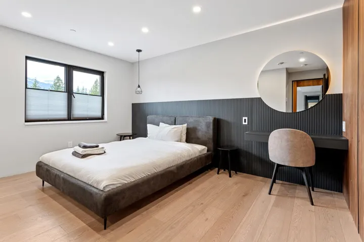 Bedroom with light wood-style floors and recessed lighting
