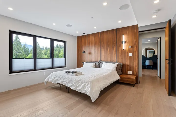 Bedroom with light wood-style flooring and recessed lighting