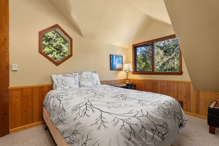 Carpeted bedroom with wood walls, wainscoting, and lofted ceiling