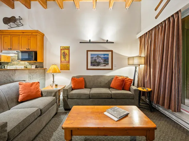 Carpeted living room with baseboard heating