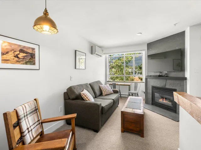 Living room with a large fireplace, light carpet, and a baseboard heating unit