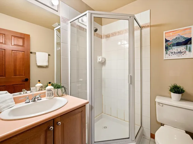 Bathroom with a shower stall and vanity