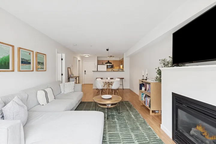 Living area with a glass covered fireplace and light wood-style floors