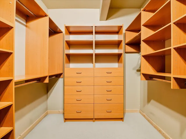 Walk in closet featuring light colored carpet