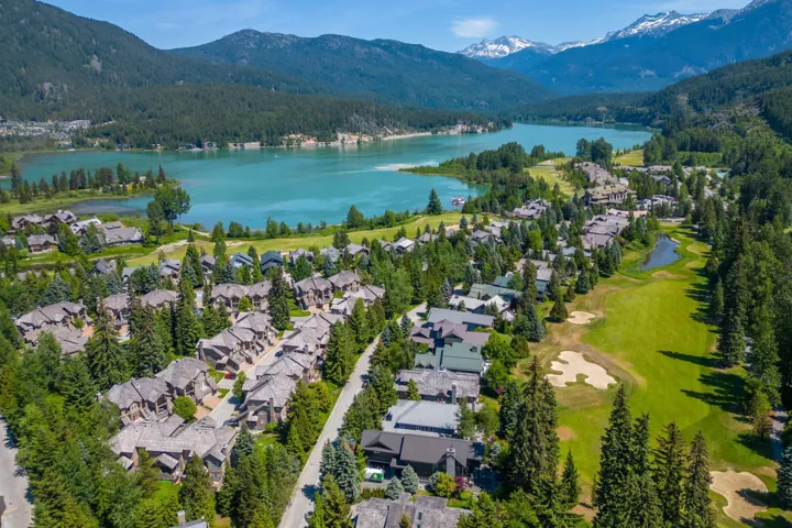 Summer. Aerial view with golf course, lake, mountain and a residential view