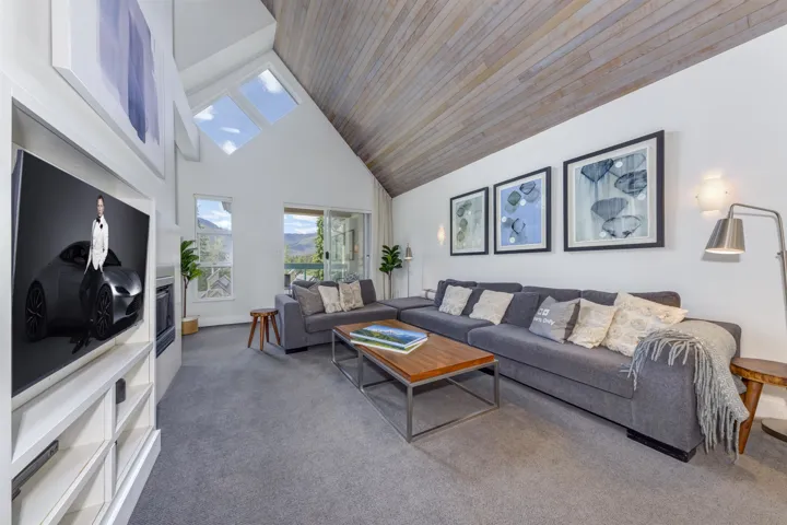 Spacious living area featuring a vaulted wood-finish ceiling, multiple skylights, and carpeted flooring