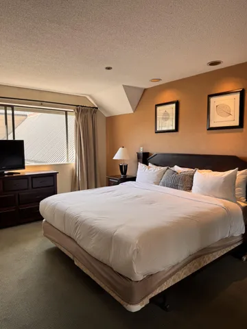 Carpeted bedroom featuring lofted ceiling and a textured ceiling