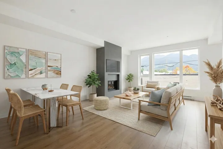 Living area featuring light wood-style floors, a fireplace and large windows. Virtually staged.