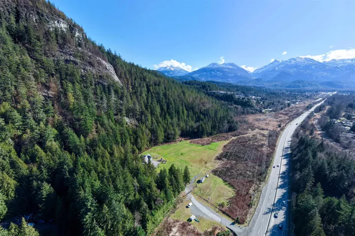 Bird's eye view of a mountainous background and a forest