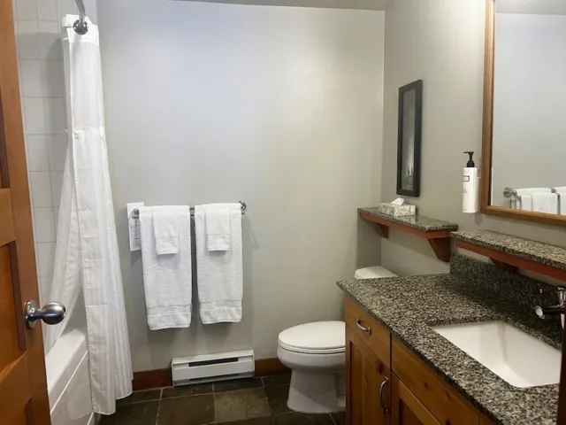 Bathroom featuring vanity, a baseboard radiator, and shower / bath combination with curtain