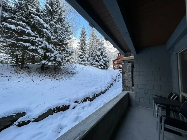 View of snow covered back of property