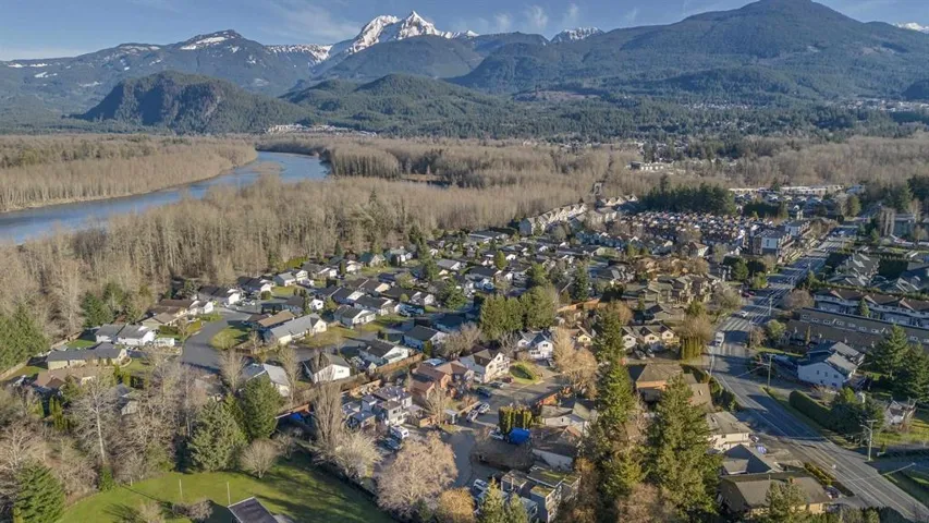 Aerial view of residential area with a water and mountain view