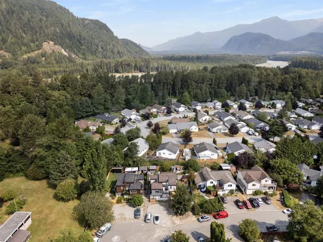 Aerial perspective of suburban area with a mountain backdrop