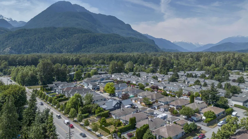 Residential area featuring diverse architecture, mature trees, and a prominent mountain backdrop