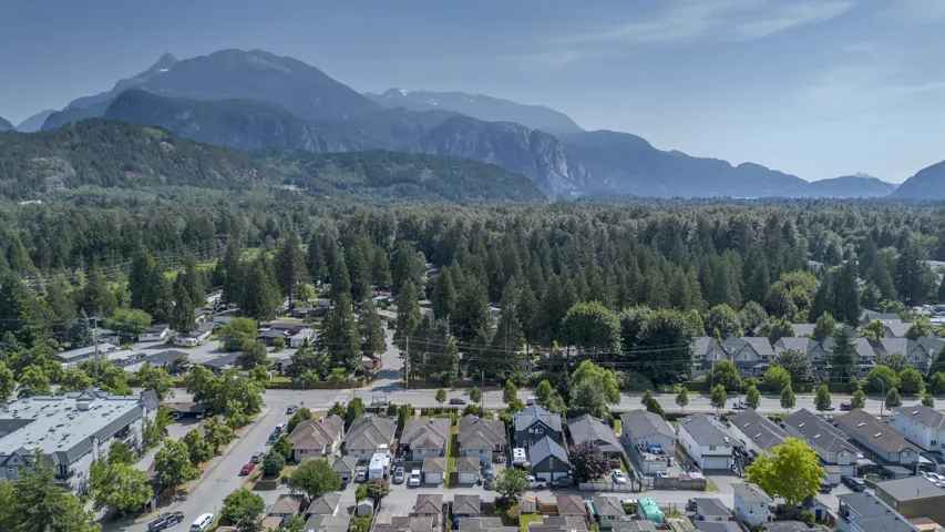 Residential neighborhood bordered by a dense forest and distant mountains