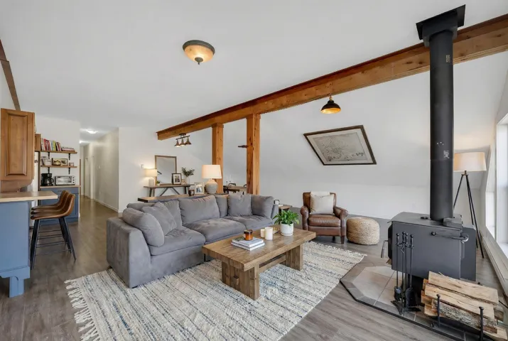 Living room featuring a wood stove and dark wood-style floors