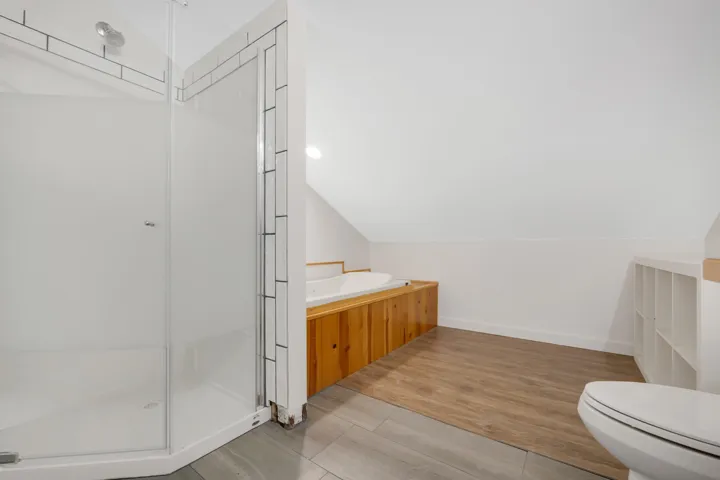 Bathroom featuring light wood-type flooring, lofted ceiling, a shower stall, and vanity