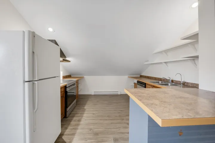 Kitchen featuring open shelves, stainless steel appliances, lofted ceiling, light countertops, and a peninsula