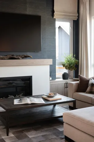 Living area with a glass covered fireplace