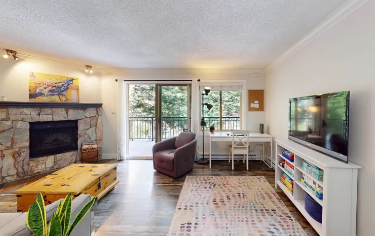Living area featuring a textured ceiling, ornamental molding, a stone fireplace, wood finished floors, and baseboard heating