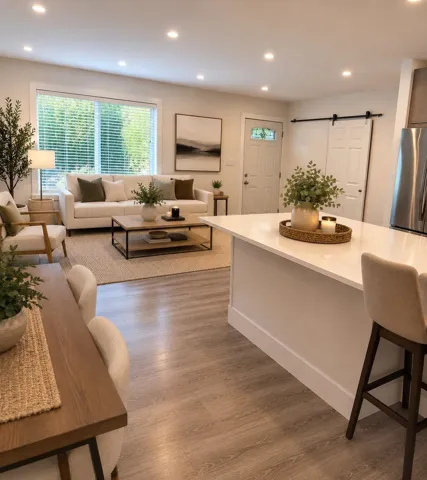 Open-concept living space featuring wood-finish flooring, recessed lighting, and a kitchen island with a light-colored countertop