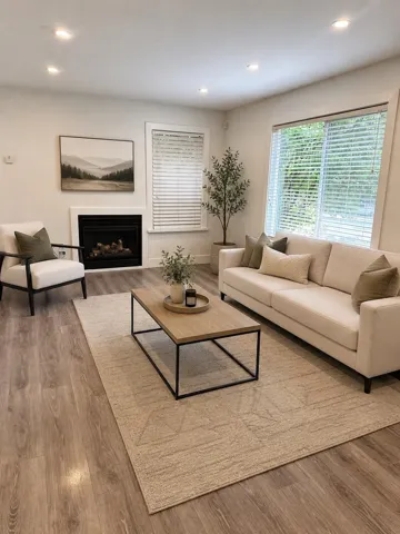 Spacious living area featuring wood-finish flooring, recessed lighting, and a white mantel fireplace with a dark surround