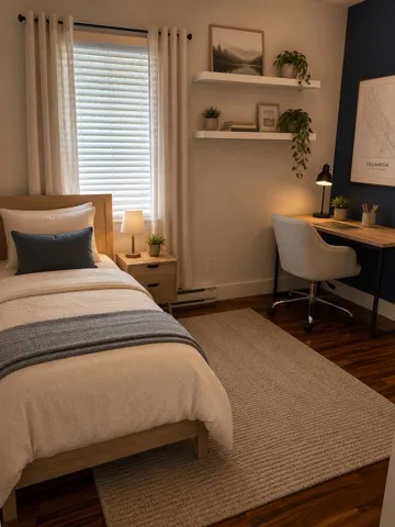 Rich wood-finish flooring complements the neutral wall tones