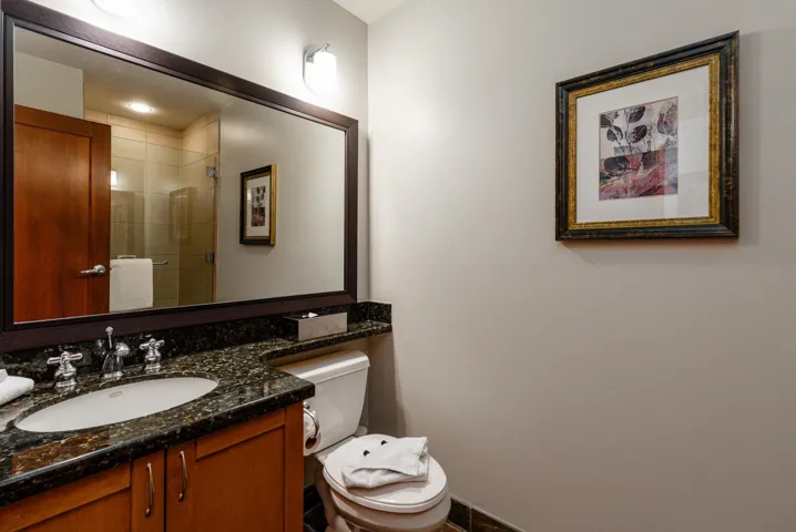 Vanity with a polished stone countertop, undermount sink, and wood-finish cabinetry