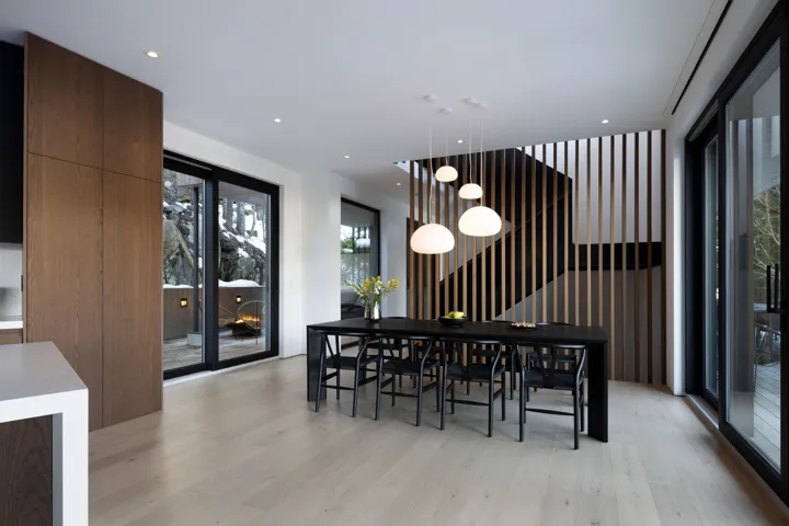 Dining space with light wood-style flooring and recessed lighting