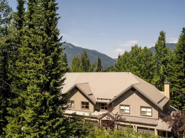 Back of house featuring metal roof, board and batten siding, a chimney, and a mountain view
