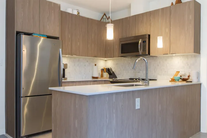 Kitchen with a peninsula, appliances with stainless steel finishes, modern cabinets, and backsplash
